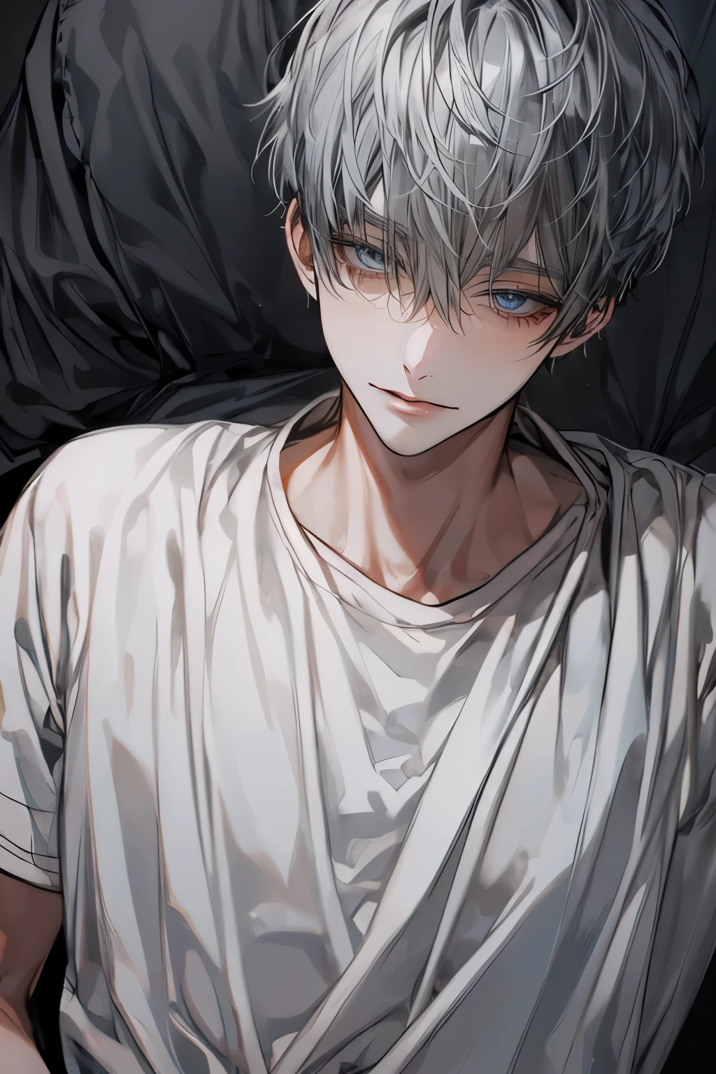 (Mastepiece), (Best Quality), Very detailed, ((Two men intimate:1.5)), Perfect Face, Beautiful Face, Very detailedな顔,(Upper body shot:1.3),(Black-haired man:1.3),(Grey-haired man:1.3)、T-Shirts、smile