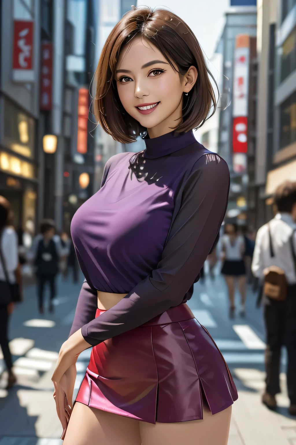 (Photorealistic:1.4), (Very detailed), (Highest quality), (Best Shadow), (masterpiece), Ultra-high resolution, 1 The Ultimate Beautiful Mature Woman, Very detailed顔, (Perfect Teeth), Beautiful Eyes, double eyelid, eyelash, Lip details, Short black hair, (Light purple blouse:1.2), (Red tight mini skirt:1.3), Light pink panties, (Big Breasts), smile, Thighs, Written boundary depth, Perfect lighting, With background: (Tokyo Ginza Street)