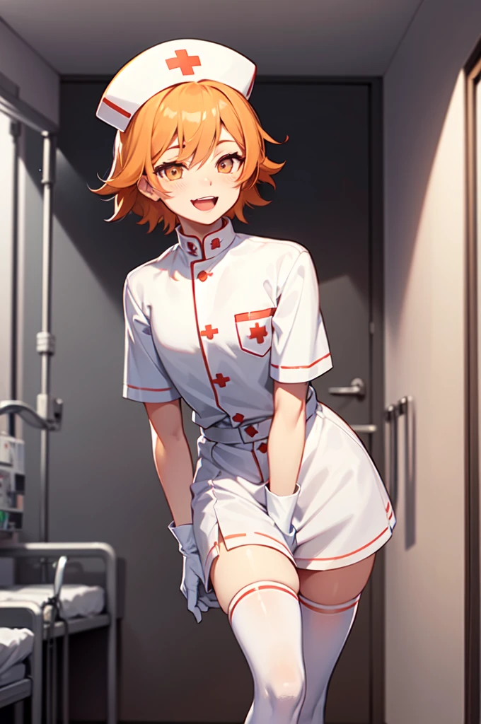 1boy, solo, male focus, nurse, white nurse cap, white nurse uniform, ((white legwear, zettai ryouiki)), white gloves, short hair, orange hair, smile, open mouth, standing, ((hospital room)), sharp outline, short sleeves, shota, , best quality, masterpiece