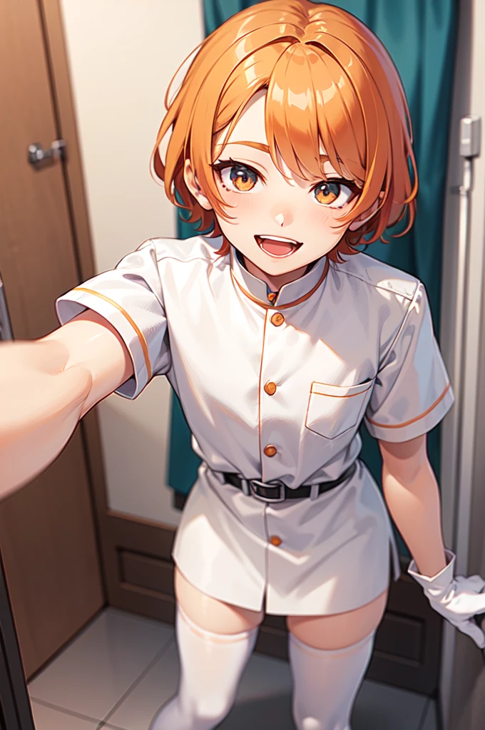 1boy, solo, male focus, nurse, white nurse cap, white nurse uniform, ((white legwear, zettai ryouiki)), white gloves, short hair, orange hair, smile, open mouth, standing, ((hospital room)), sharp outline, short sleeves, shota, 12 years old, best quality, masterpiece