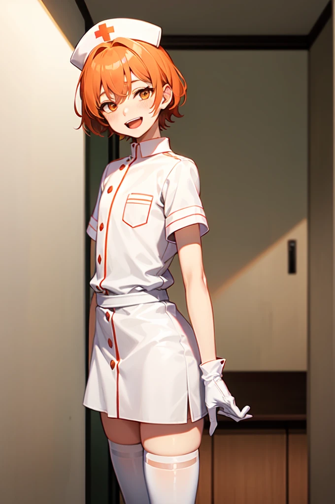 1boy, solo, male focus, nurse, white nurse cap, white nurse uniform, ((white legwear, zettai ryouiki)), white gloves, short hair, orange hair, smile, open mouth, standing, ((hospital room)), sharp outline, short sleeves, shota, , best quality, masterpiece