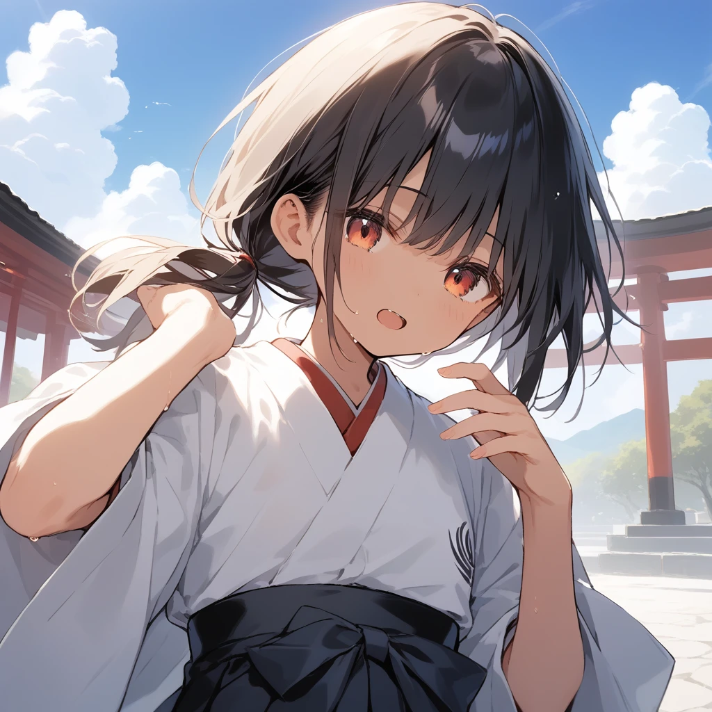 score_9, score_8_up, score_7_up, source_anime, best quality, masterpiece, official art, absurdres, highres, ultra-detailed,waifu2x,Collection: Slice of Life,break,1girl, tomboy, dark-skinned female, short hair, low ponytail, flat chest, beautiful detailed eyes, miko, hakama shorts, sweat, open mouth, (yawn:0.3), sleepily, outdoors, shrine, wind,break,(clear line illustration:1.2), super detailed skin,very high resolution, very aesthetic, Best sexual lighting powered by famous artist, 8k,cute picture,beauty illustration,photoshop_(medium),,(Detailed Lighting),best anime 8k konachan wallpaper, pixiv contest winner,