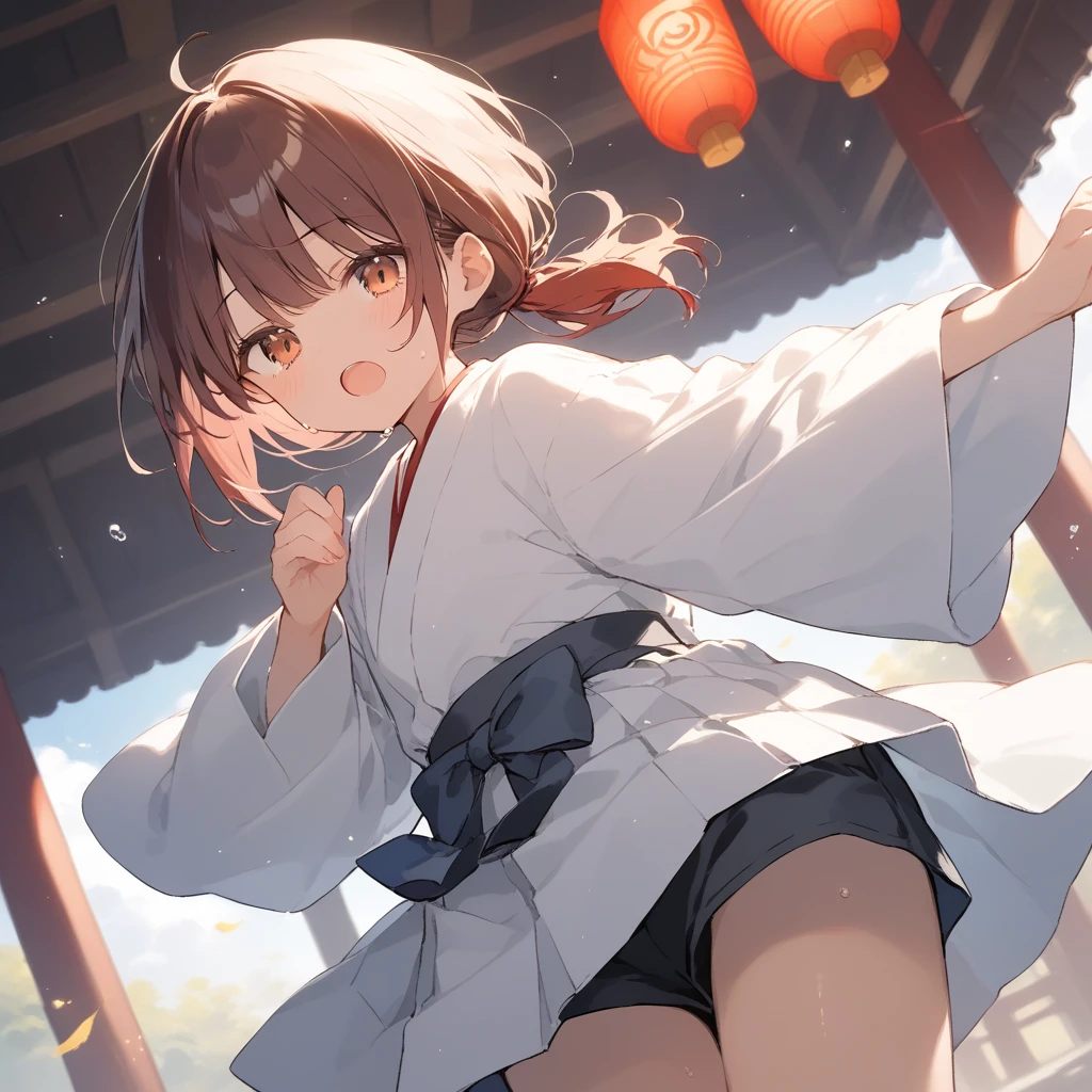 score_9, score_8_up, score_7_up, source_anime, best quality, masterpiece, official art, absurdres, highres, ultra-detailed,waifu2x,Collection: Slice of Life,break,1girl, tomboy, dark-skinned female, short hair, low ponytail, flat chest, beautiful detailed eyes, miko, hakama shorts, sweat, open mouth, (yawn:0.3), sleepily, outdoors, shrine, wind,break,(clear line illustration:1.2), super detailed skin,very high resolution, very aesthetic, Best sexual lighting powered by famous artist, 8k,cute picture,beauty illustration,photoshop_(medium),,(Detailed Lighting),best anime 8k konachan wallpaper, pixiv contest winner,