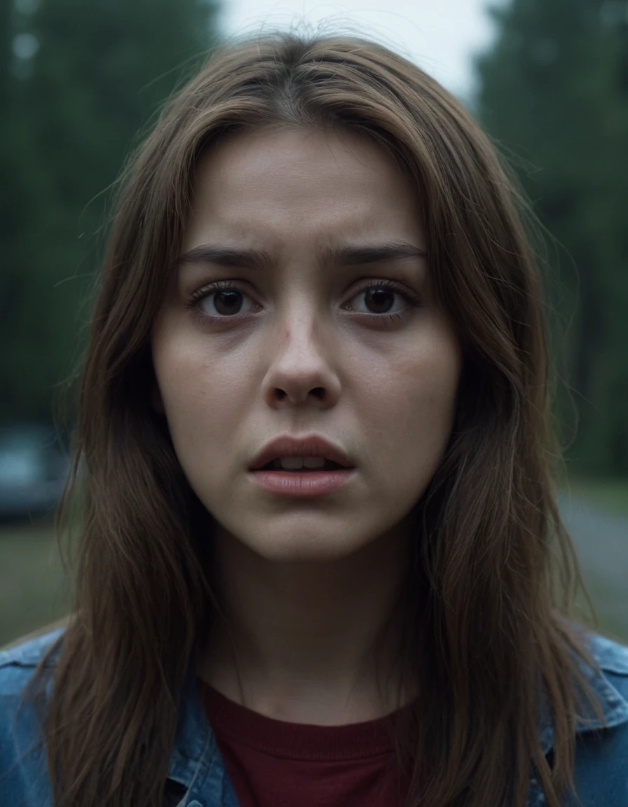 cinematic horror scene with brown-haired girl from the film "final destination", scary, gloomy mood