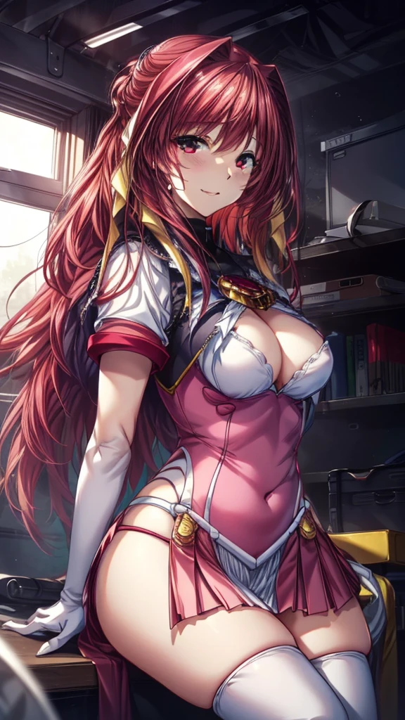 12k,Escalayer,long hair,hair_ornament,Red eyes,Pink Dress,White long gloves,thigh_boots, Embarrassing ,blush,,,White panties,,masterpiece,Noise Reduction,Perfect Anatomy,High resolution, Very detailed,Game CG,Dutch Angle ,Beautiful attention to detail,Visual Arts,Five Fingers, Perfect hands, Perfect lighting,,Red eyes,(銀hair:1.4),Wicked Smile,(Inside the futuristic base:1.1)