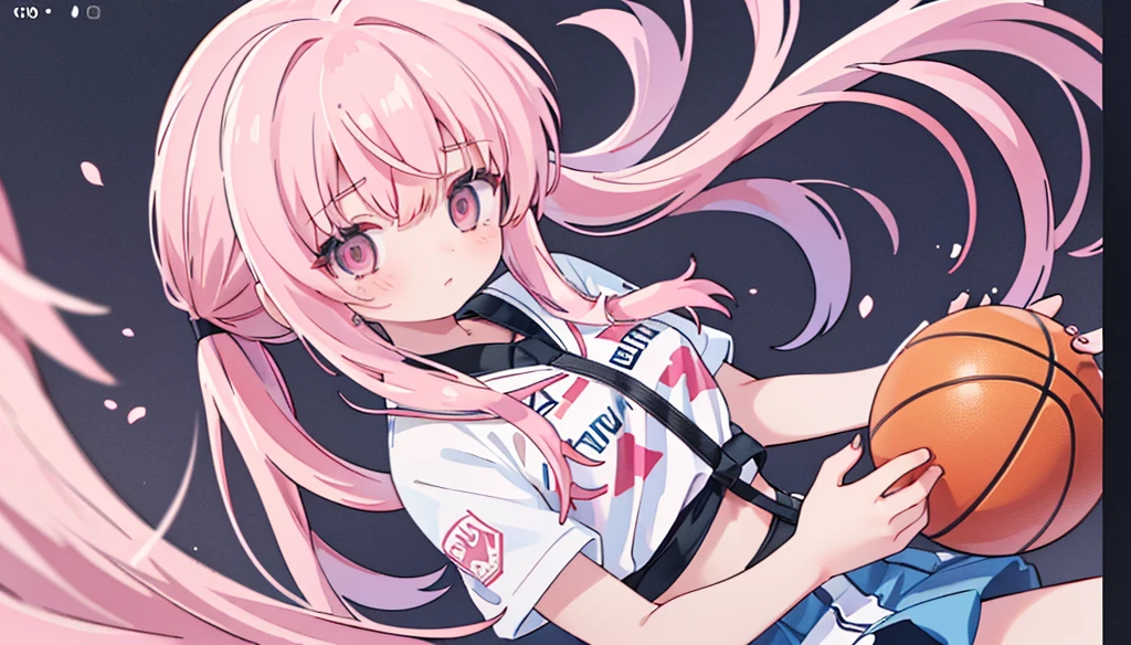 1girl,pink hair, pink eyes with love, detailed eyes, straight hair, straight bangs, shiny hair, basketball player, making a powerful dunk shot, seen from above, dynamic sports photo, high-definition,best quality, high resolution, slim waist, cute, ((Masterpiece, top quality, high resolution)), ((highly detailed CG unified 8K wallpaper)), (PastelColors: 1.3)