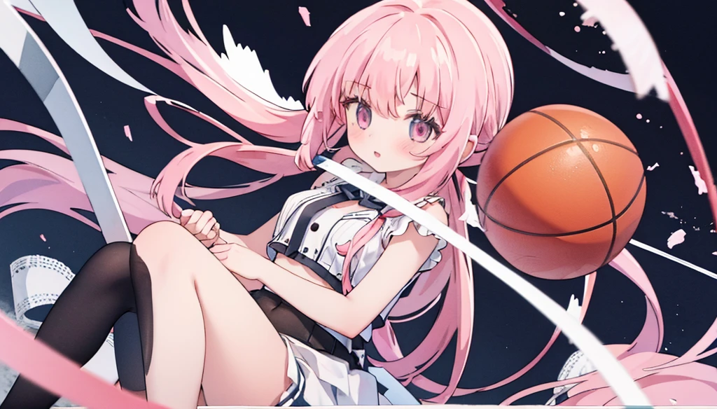 1girl,pink hair, pink eyes with love, detailed eyes, straight hair, straight bangs, shiny hair, basketball player, making a powerful dunk shot, seen from above, dynamic sports photo, high-definition,best quality, high resolution, slim waist, cute, ((Masterpiece, top quality, high resolution)), ((highly detailed CG unified 8K wallpaper)), (PastelColors: 1.3)