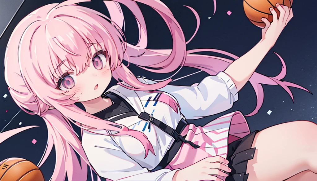 1girl,pink hair, pink eyes with love, detailed eyes, straight hair, straight bangs, shiny hair, basketball player, making a powerful dunk shot, seen from above, dynamic sports photo, high-definition,best quality, high resolution, slim waist, cute, ((Masterpiece, top quality, high resolution)), ((highly detailed CG unified 8K wallpaper)), (PastelColors: 1.3)
