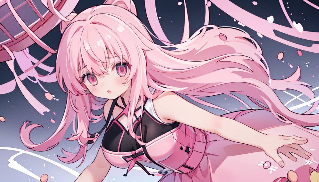 1girl,pink hair, pink eyes with love, detailed eyes, straight hair, straight bangs, shiny hair, basketball player, making a powerful dunk shot, seen from above, dynamic sports photo, high-definition,best quality, high resolution, slim waist, cute, ((Masterpiece, top quality, high resolution)), ((highly detailed CG unified 8K wallpaper)), (PastelColors: 1.3)