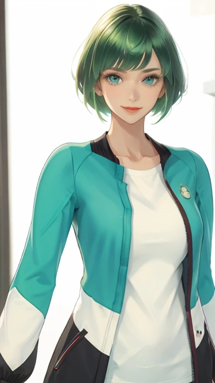 big bangs,beautiful bangs,green hair,Emerald hair,short hair,short hair,bright face,upper body up,chest up,business woman,intellectual,smile,jacket,white shirt , laughter,drooling eyes, alone,Flow of hair that extends to the face,Big light blue eyes shine charmingly,green one piece,eyeliner,Shining white skin,