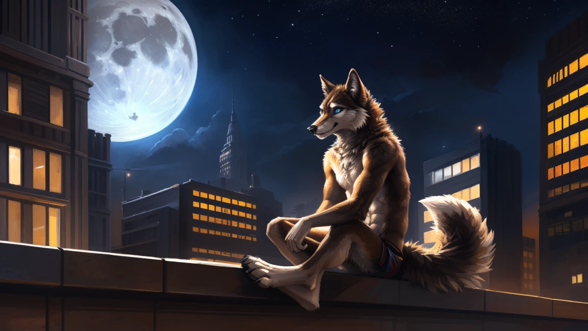 ((Solo)), male people, anthro wolf, (Multi-colored fur, White-brown:1.3), ((Wolf face, Big eyes, White eyelids, Blue pupil, Slim:1.2) (Tough, Calm expression:1.2)), (Height 2.1 meters,Tail length 1.5m), Abs, Slim, pinging, (Correct anatomy), (Contour bone:1.2), The upper body is naked, (detailed outfits), a long large tail，Feet，(Realistic fur, Detailed fur texture, labeled:1.3)), (Natural lighting), Photorealistic, Hyperrealistic, ultradetailed, by Kenket，In the modern city，Roof，the night，Sit alone，Look at the full moon，It was dark，Starry