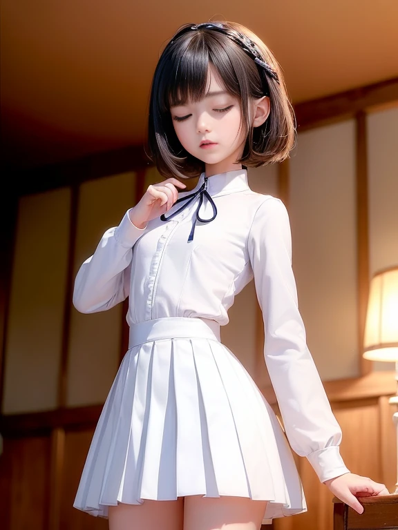 (masterpiece、Highest quality:1.7)、(11 years old:1.7)、(Shot from the calf up:1.5)、Bobcut、Black Hair、85mm、16K、Official Art、RAW Photos、Best Beautiful Faces、Close-up、Violet、Gardenia、((The best beautiful girl、very cute))、Red blush on cheeks、indoor、(Are standing:1.8)、Film Grain、Chromatic Aberration、Sharp Focus、(((Nice hands、Perfect hands、Perfect Fingers、Thin and delicate fingers、A perfect body without flaws)))、Detailed face、(Slender body:1.5)、(Slender body:1.4)、(Slim upper body:1.4)、(Small and flat bust:1.7)、(Let your bangs hang down:1.8)、(Blushing:1.8)、(Low contrast lighting:1.2)、(襟付きのwhiteタイトビジネスブラウス:1.5)、(whiteボウタイブラウス:1.5)、(Long sleeve: 1.3)、(Very short(white)Pleated mini skirt:1.5)、(Eyes closed:1.5),Thigh focus,(Low angle from below:1.6)
