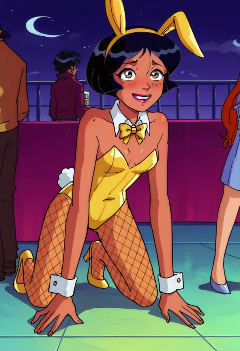 score_9, score_8_up, score_7_up,
1girl, alex ts, solo, black hair, short hair, brown eyes, dark-skinned, in night club, yellow bunny girl costume, small breasts, bunny ears headband, Mesh tights, seductive, standing, front view, looking on viewer, sitting on bar chair, crossed legs, upper body, grab breast, covered nipples, shy, seductive smile,
