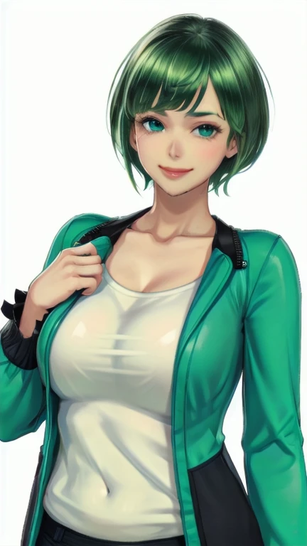 big bangs,beautiful bangs,green hair,Emerald hair,short hair,short hair,bright face,upper body up,chest up,business woman,intellectual,smile,jacket,white shirt , laughter,drooling eyes, alone,Flow of hair that extends to the face,Big light blue eyes shine charmingly,green one piece,eyeliner,Shining white skin,