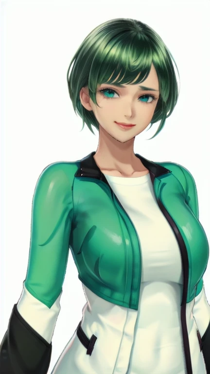 big bangs,beautiful bangs,green hair,Emerald hair,short hair,short hair,bright face,upper body up,chest up,business woman,intellectual,smile,jacket,white shirt , laughter,drooling eyes, alone,Flow of hair that extends to the face,Big light blue eyes shine charmingly,green one piece,eyeliner,Shining white skin,