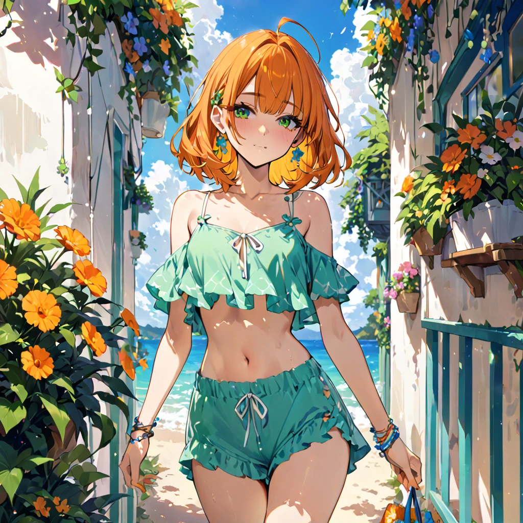 Highest quality、High resolution、masterpiece、Orange shaggy hair、Short bangs、Blue and green summer outfit、Bright、flowerpunk、