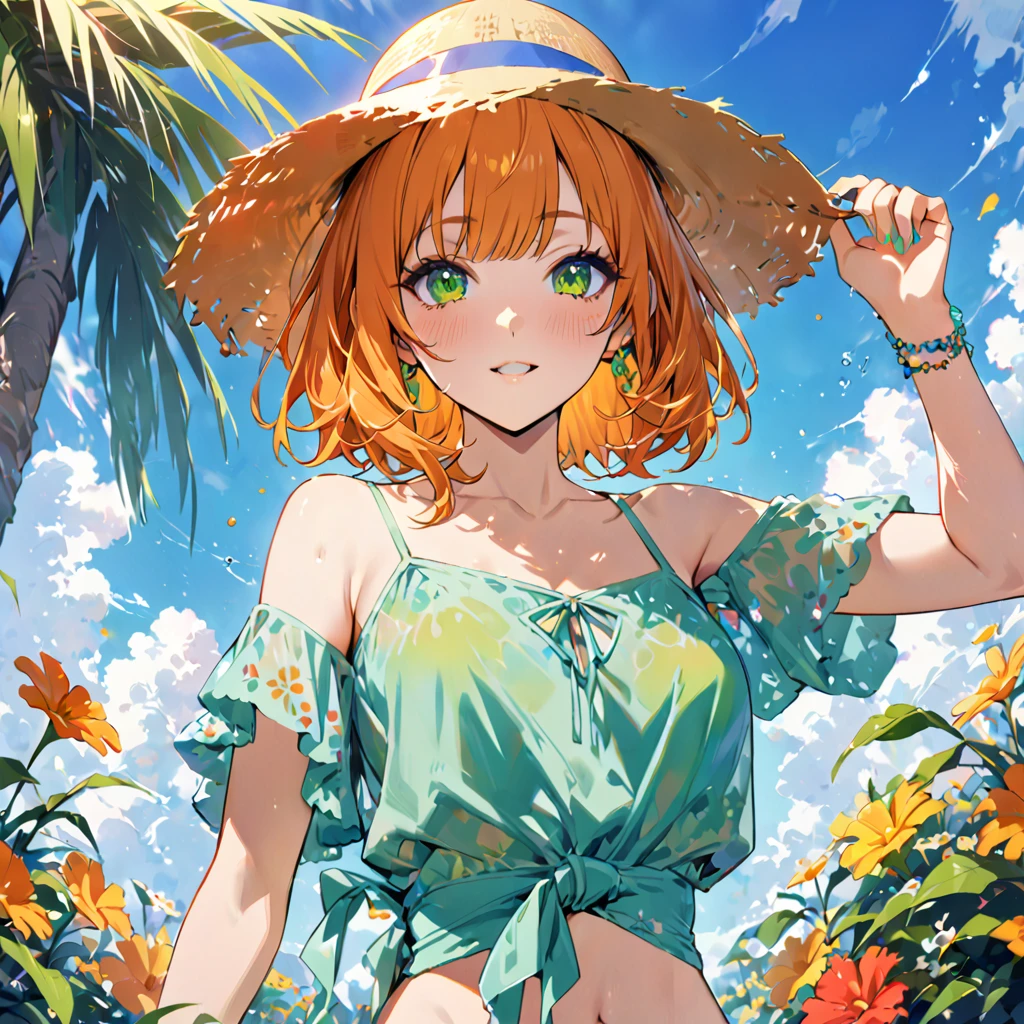 Highest quality、High resolution、masterpiece、Orange shaggy hair、Short bangs、Blue and green summer outfit、Bright、flowerpunk、