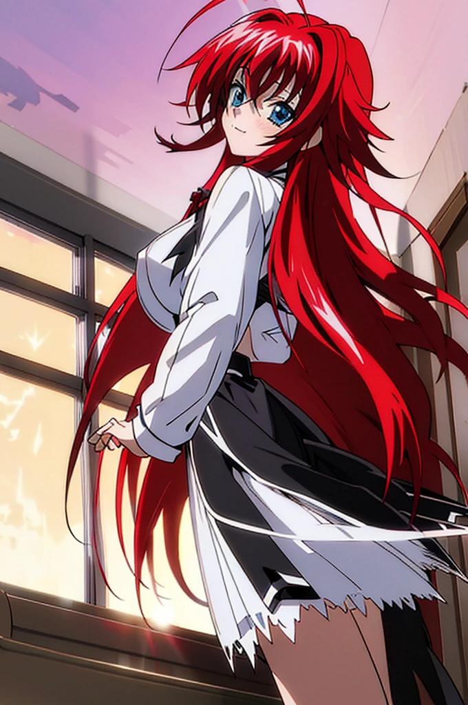 Rias_Gremory, black ribbon, white collared shirt, red pleated skirt, black capelet
(pikkyriasgremory, high school dxd, blue eyes, breasts, large breasts, long hair, very long hair, red hair, ahoge, huge ahoge, 18 years old, thurime) (standing, smilling, front point of view) (outfit: , skirt) ,KuohAcademyUniform, living room, curatins, window, dappled sunlight, sunset, sunset, sunset