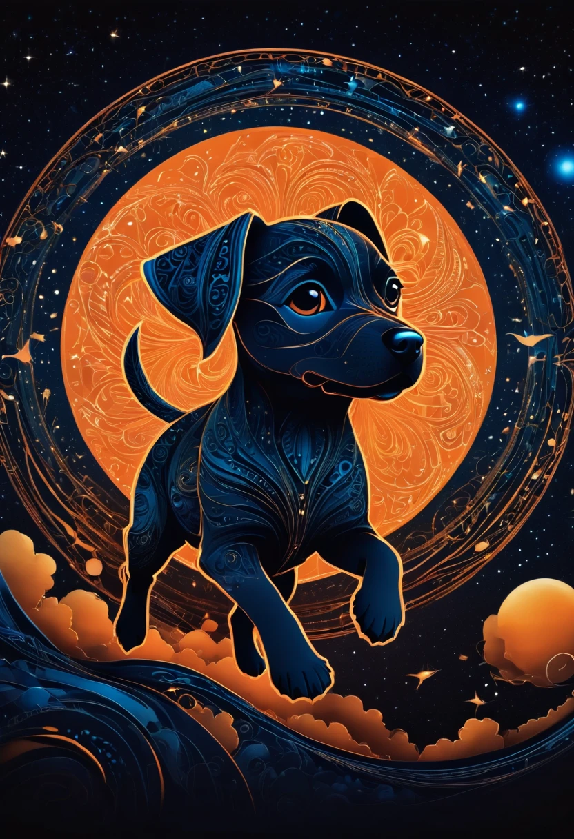 (best quality, highres, ultra sharp), magical, Flying Puppy  silhouette, about the curvature of space time, in a dark night, art deco, zentangle, 3d crunch, cinematic, wide angle, orange diffusion,