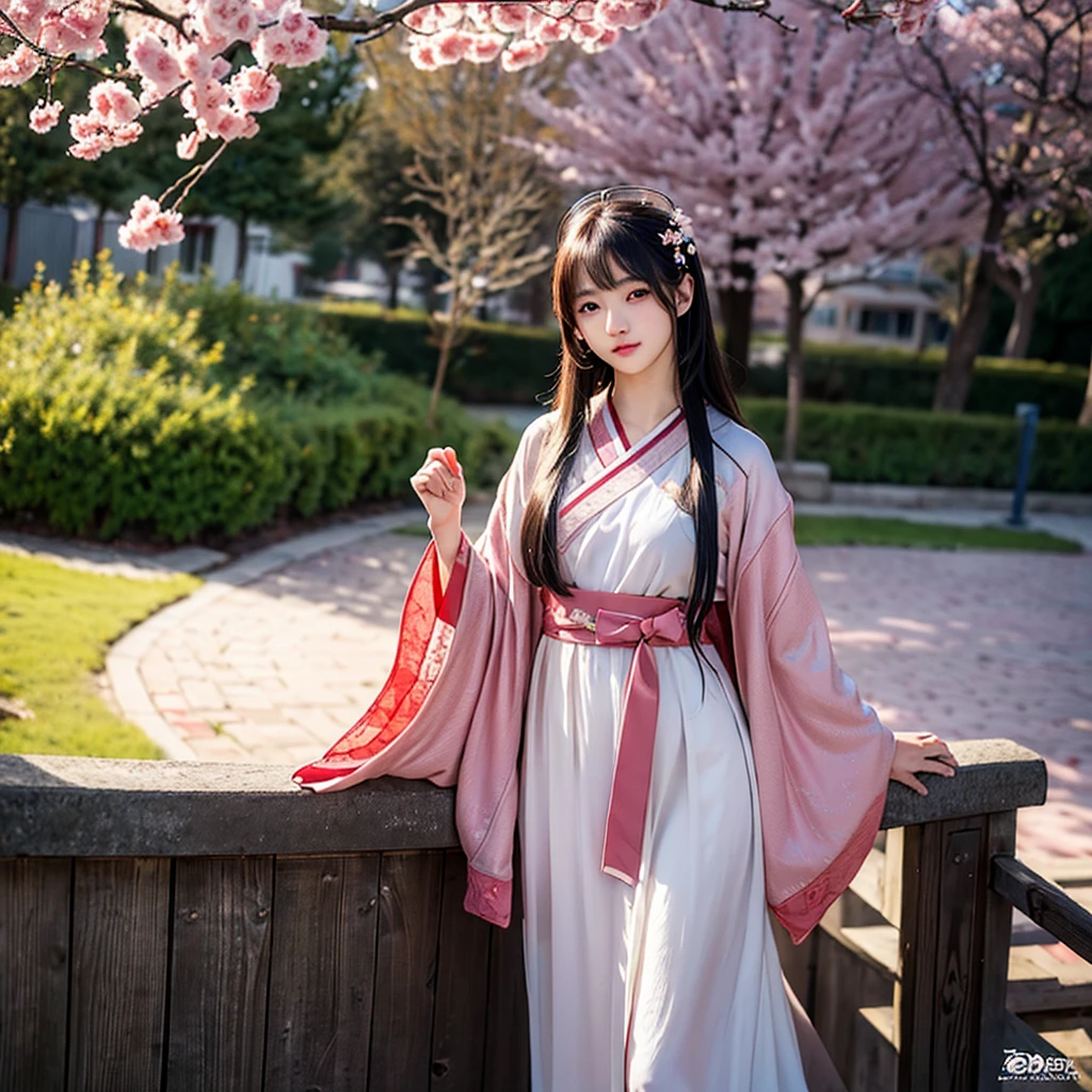 a beautiful young Korean girl with long hair, full body true beauty, 1 girl, standing, enjoying a beautiful day, park, cherry blossoms, cherry trees, spring, soft light, detailed face, beautiful eyes, long eyelashes, beautiful lips , detailed clothing, flowing dress, tranquility, serene, photorealistic, (best quality, 8k, high resolution, masterpiece: 1.2), ultra detailed, (realistic, photorealistic, photorealistic: 1.37), HDR, studio lighting, vivid colors, warm color palette, natural light, magical