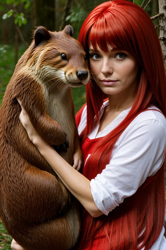 Make a realistic female beaver with a red wig.  She looks sad and is cutting her hair 