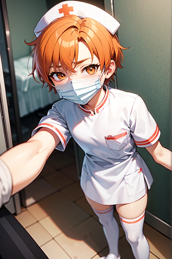 1boy, solo, male focus, nurse, white nurse cap, white nurse uniform, ((white legwear, zettai ryouiki)), white gloves, short hair, orange hair, ((white surgical mask, covered nose)), standing, ((hospital room)), sharp outline, short sleeves, shota, , best quality, masterpiece