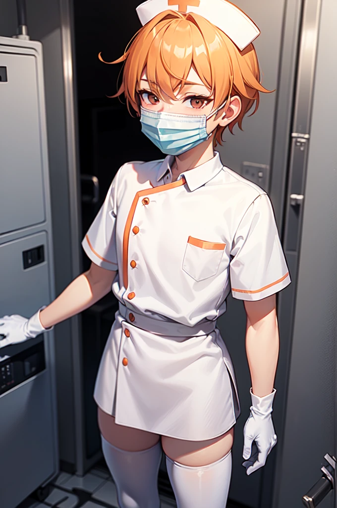 1boy, solo, male focus, nurse, white nurse cap, white nurse uniform, ((white legwear, zettai ryouiki)), white gloves, short hair, orange hair, ((white surgical mask, covered nose)), standing, ((hospital room)), sharp outline, short sleeves, shota, , best quality, masterpiece