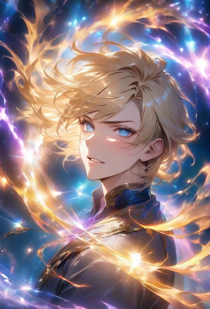 absurd, highres, ultra detailed, HDR, masterpiece, best quality, (character, blonde hair, man, male, expressive blue eyes, solo, sexy man, handsome, fantasy magical background, sparkling, brilliant, purple lightning, floating round lights, starry, blank