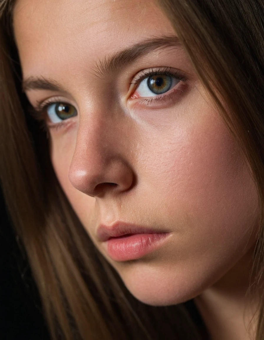 Photo portrait of a pensive young blonde with sparkling eyes, detailed skin, (half of her face is hidden in shadow:1.4), tight face close up, dark background, Side lighting, revealing her gaze, eye level, styled by Nathan Wirth, Fujifilm XT3, Canon P5, Fujicolor Fujichrome Velvia 100