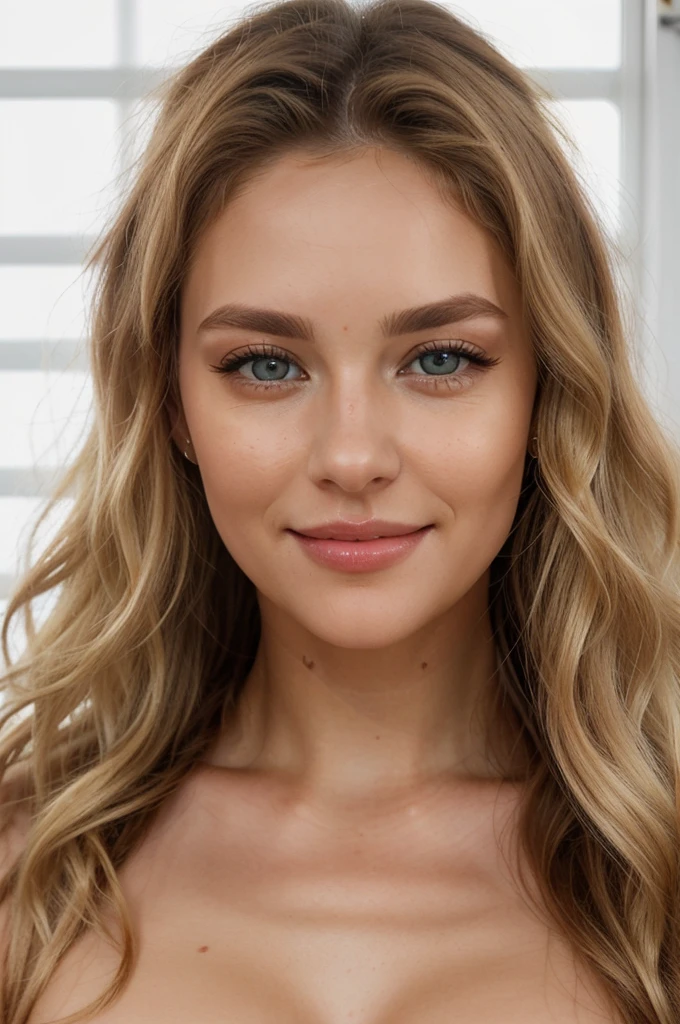 beautfull woman,27 year old woman, Caucasian female, hair blonde, Wavy hair, blonde eyebrows, hazel eyes, pretty detailed eyes, thick eyelashes, beautiful  face, symmetrical face, lábios carKaledos, ssmile, high cheekbones, Kale,breasts small, small nipples, skin natural,complementary composition