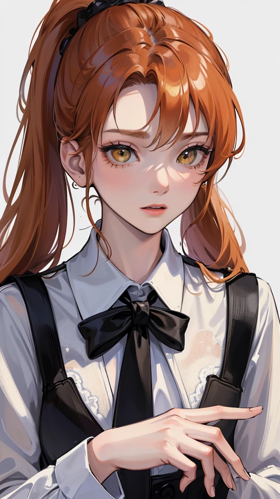 (Top resolution、Distinct_image)top-quality、(A girl) 、masterpiece、highly detailed, half body, Semi-realistic、yellow eyes 、18year old, ginger hair ,young 、Exquisite facial features、Facial features ,variation potrait, long ponytail hairstyles, , teenage, cool , cold sharp eyes, , {Very detailed 8k CG unit wallpaper}, students, whit oversized shirt , black tie, music classroom,