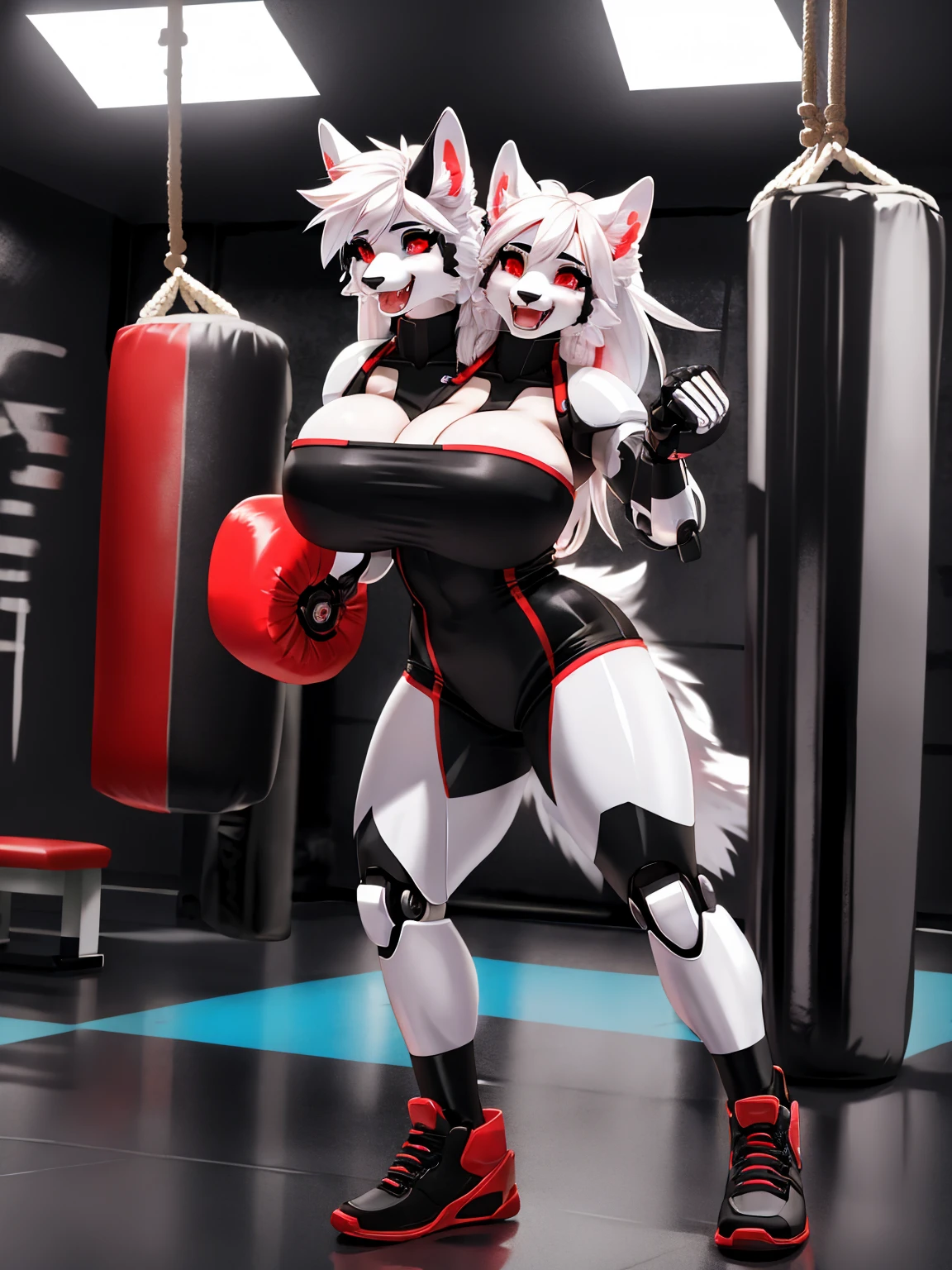 white Wolf furry Girl, ((girl with two heads)), red eyes, white hair, big breasts, thicc, punching a punching bag, robot cyberpunk gloves, in the gym, happy, amile, fangs,