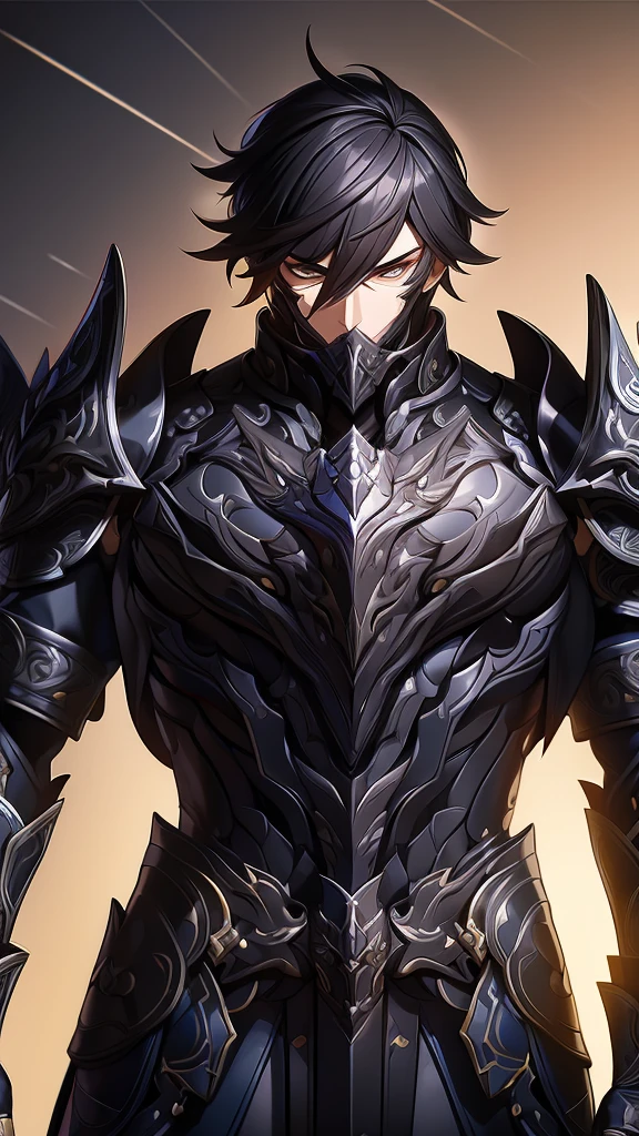 (work of art, best qualityer, face perfect, expressive eyes), Black Knight Armor, black leather cover, details Intricate, black breastplate, a male anime,single character, short black hair with white highlights, barba, visual novel sprite, detailed black armor, high qualiy, cinematic, dramatic pose, details Intricate, swirly vibrant colors, work of art, impacto genshin. 
