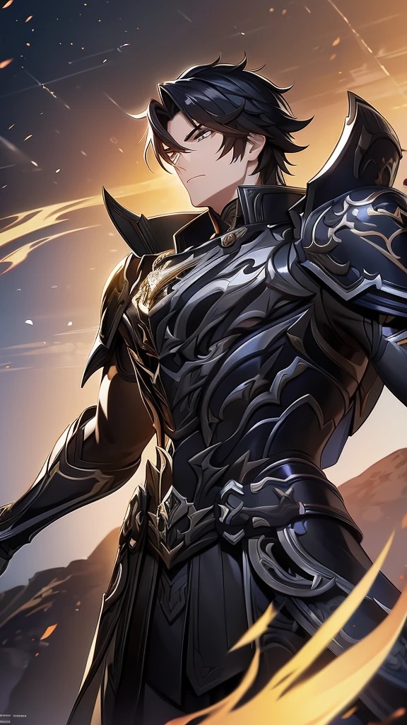 (work of art, best qualityer, face perfect, expressive eyes), Black Knight Armor, black leather cover, details Intricate, black breastplate, a male anime,single character, short black hair with white highlights, barba, visual novel sprite, detailed black armor, high qualiy, cinematic, dramatic pose, details Intricate, swirly vibrant colors, work of art, impacto genshin. 