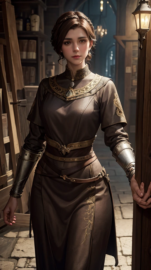 medieval female store manager, short brown hair, beautiful and intelligent, worker attire, 30 year old woman, intricate detailed painting, cinematic lighting, chiaroscuro, muted colors, photorealistic, 8k, masterpiece