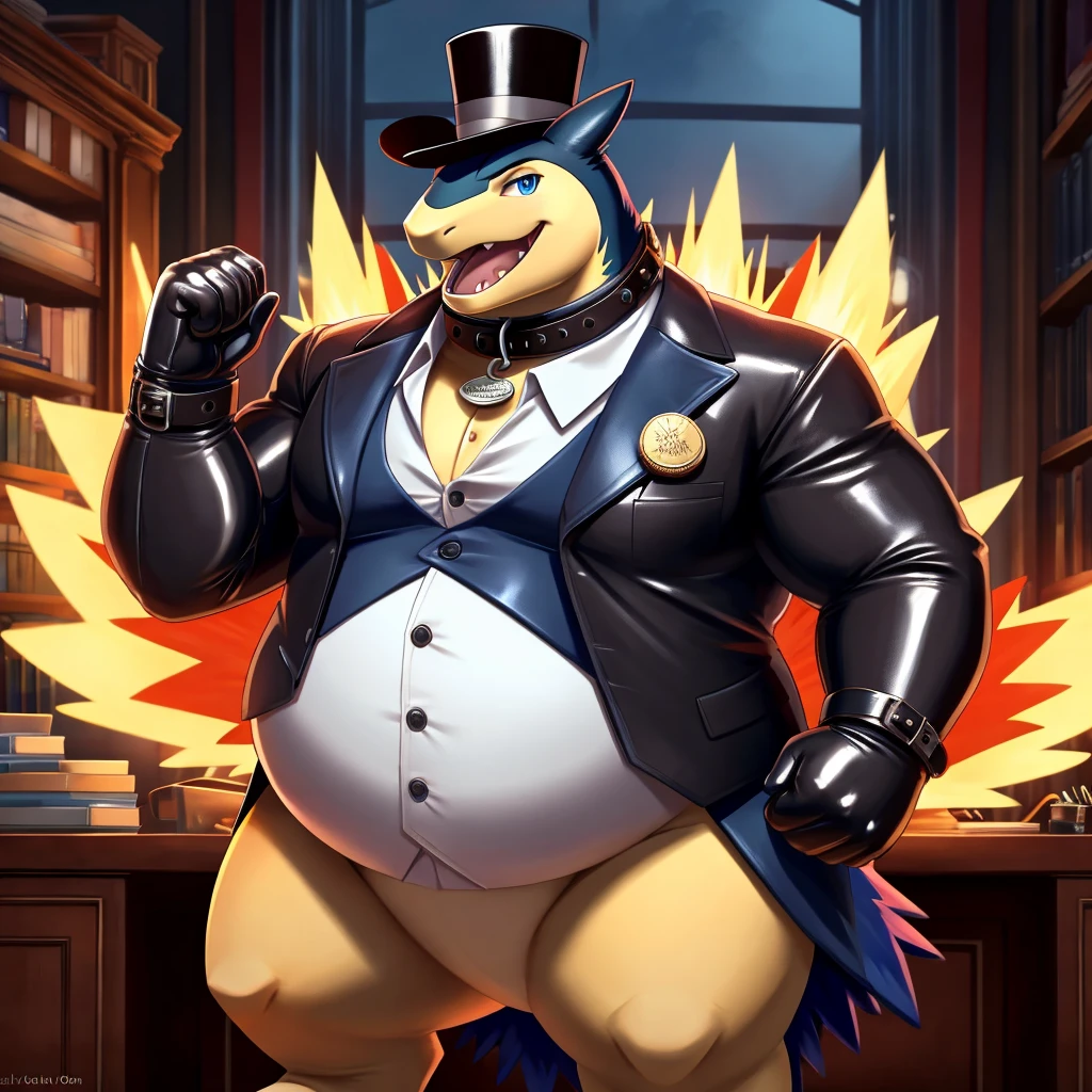Solo, Male, fat, extremely obese, gentleman, dapper Professor Typhlosion, steampunk, blue eyes, (posing:1.3), (soft shading), 4k, hi res, ((detailed face, detailed)), looking at viewer, mouth wide open, evil laugh, dapper clothing, collared shirt with buttons, top hat, male focus, Explorer Outfit, glasses, monocle, vest with buttons, sleeves rolled up, round eyewear, brown headwear, brown vest, office, Typhlosion is wearing a glossy leather dog collar around the neck, Typhlosion is wearing the leather collar and shirt and vest at the same time, Typhlosion is wearing glossy white rubber gloves on the hands, wearing white rubber gloves on the feet, gloves are rubber in texture, clenching fists, leather collar is glossy and shiny with a lot of detail, Typhlosion is wearing gloves and leather collar at the same time, leather collar has a round dog-tag, leather collar is thick and detailed, leather collar is glossy and shiny, fancy clothing, dapper vest, dapper shirt, leather collar is thick, glossy leather collar.