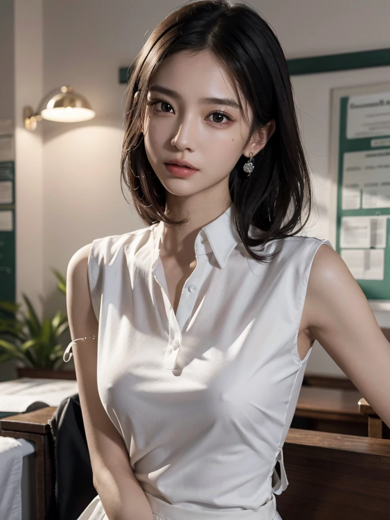 absurdres, RAW photo, extremely delicate and beautiful, masterpiece, Best Quality, ultra high resolution, 32k, hyperrealistic, ultra-detailed, perfect anatomy, anatomically correct, perfect figure, Perfect Style, Perfect balance, super Detailed skin, in her 30s, very Slim body, narrow waist, very small head, very small face, delicate facial features, handsome detailed woman, very detailed eyes and face, realistic face proportions, Realistic beautiful face, Realistic beautiful eyes, tearful mole, earring, very huge round tits, full body shot, bare legs, medium hair, indoor, (school_uniform:1.2), skirt, sleeveless, (dress shirt:1.2),