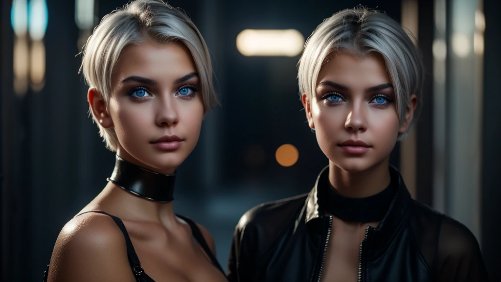 Young girl, white short hair, blue eyes, full lips, highly realistic, Excellent rendering, 4k realistic eyes, realistic face, symmetrical head ai cyberpunk