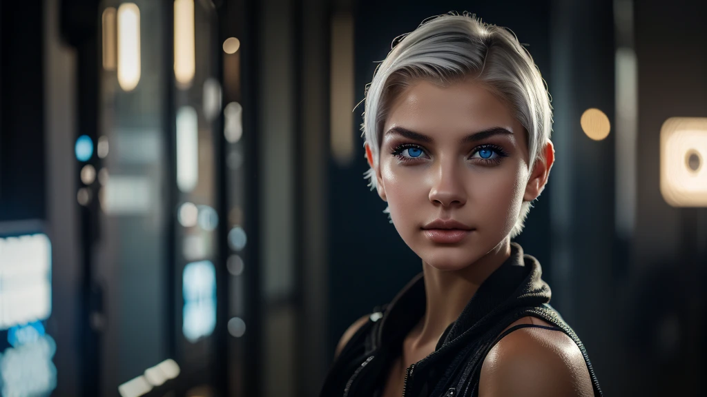 Young girl, white short hair, blue eyes, full lips, highly realistic, Excellent rendering, 4k realistic eyes, realistic face, symmetrical head ai cyberpunk