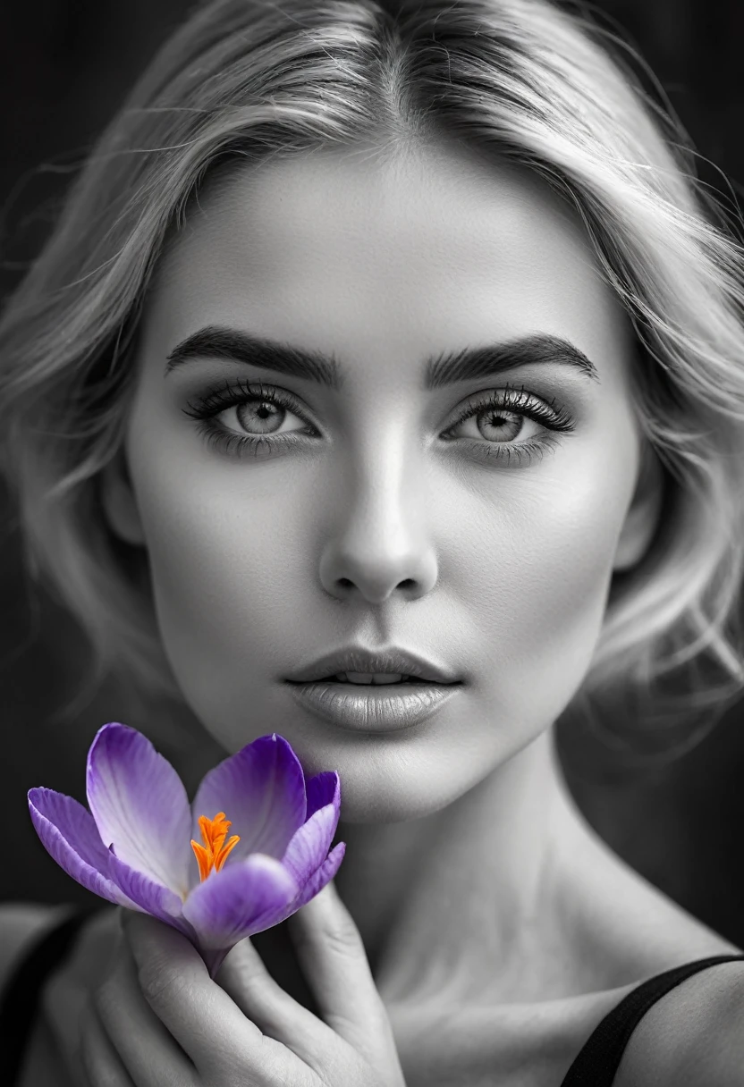 A black and white photo in raw format, zooming in on the intricate details of a woman's face, revealing her delicate skin and her expressive eyes. Frame the shot with a solitary striking colorful Saffron Crocus flower, delicately held in the woman's hand, adding a touch of softness and femininity to the composition, enhancing the dramatic contrast and textures of the monochrome image.