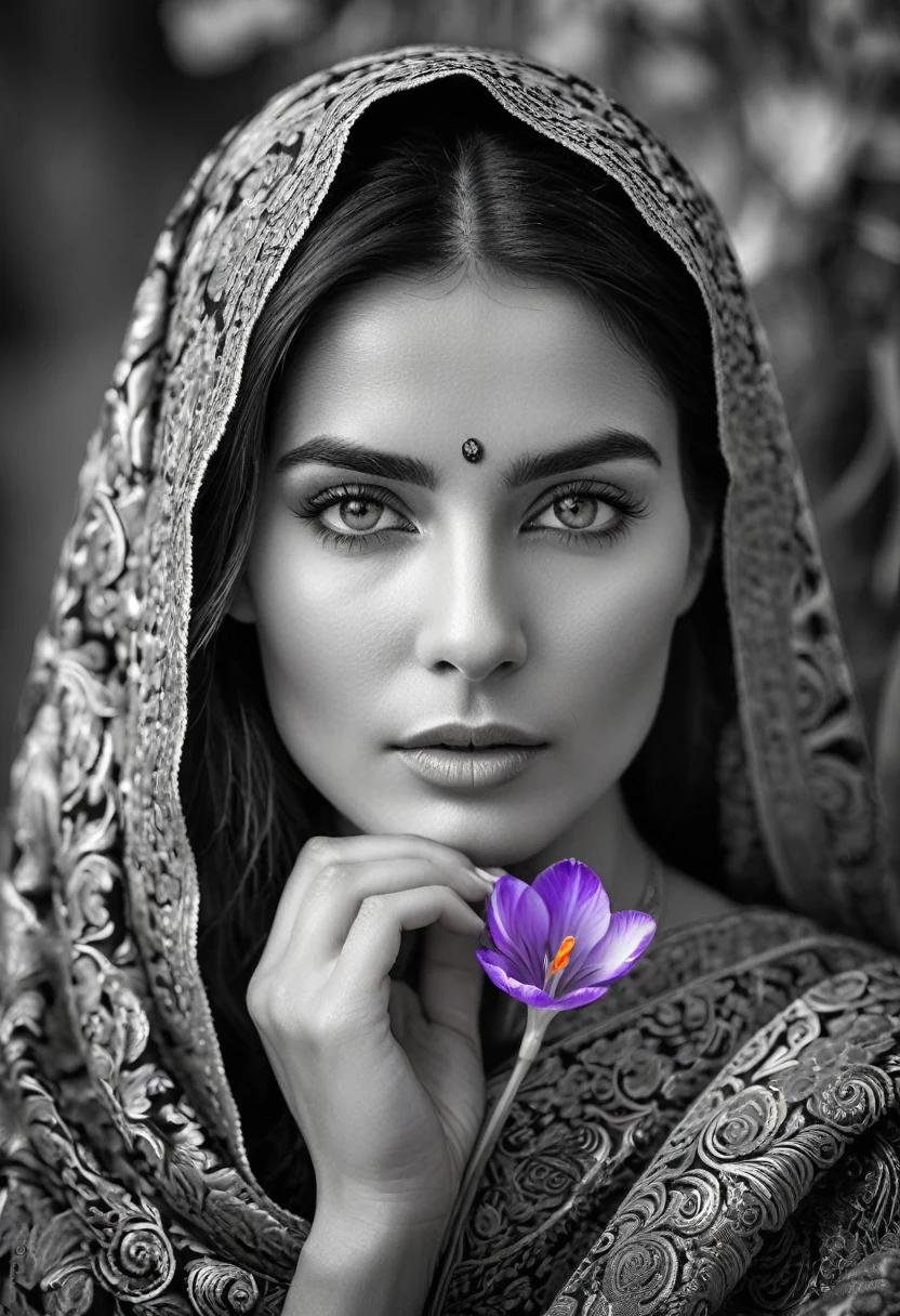 A black and white photo in raw format, zooming in on the intricate details of a woman's face, revealing her delicate skin and her expressive eyes. Frame the shot with a solitary striking colorful Saffron Crocus flower, delicately held in the woman's hand, adding a touch of softness and femininity to the composition, enhancing the dramatic contrast and textures of the monochrome image.