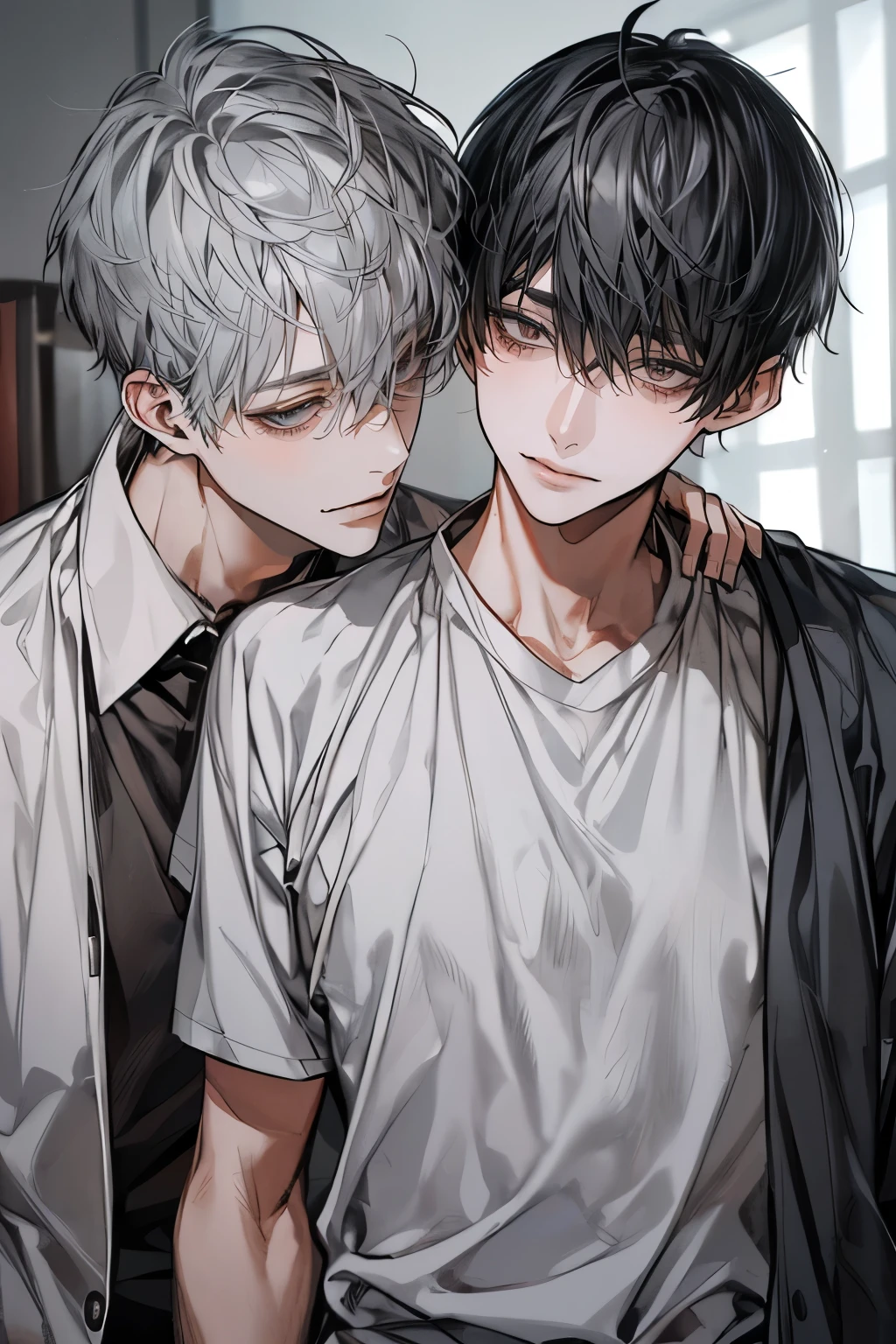 (Mastepiece), (Best Quality), Very detailed, ((Two men intimate:1.5)), Perfect Face, Beautiful Face, Very detailedな顔,(Upper body shot:1.3),(Black-haired man:1.3),(Grey-haired man:1.3)、T-Shirts、smile