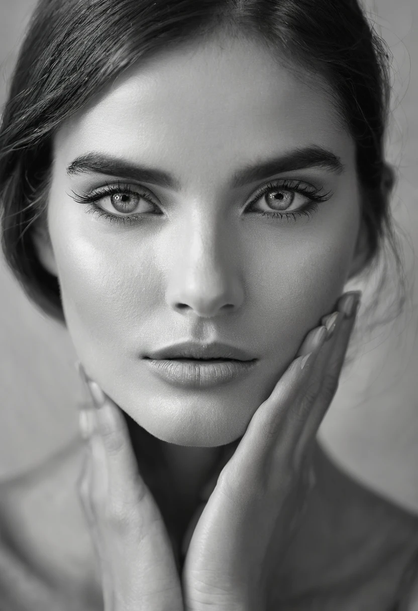 A black and white photo in raw format, zooming in on the intricate details of a woman's face, revealing her delicate skin and her expressive eyes. Frame the shot with a solitary striking colorful Saffron Crocus flower, delicately held in the woman's hand, adding a touch of softness and femininity to the composition, enhancing the dramatic contrast and textures of the monochrome image.