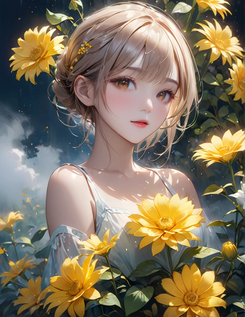 quality(Wallpaper 8k ของหน่วย CG ที่มีรายละเอียดมาก, Masterpiece, high resolution, top-quality, top-quality real texture skin,Too realistic, digital painting,Increase resolution,RAW photos,qualityที่ดีที่สุด,Highly detailed,Wallpaper),Take a break,8ก, half face, quality(Wallpaper 8k ของหน่วย CG ที่มีรายละเอียดมาก, Masterpiece, high resolution, top-quality, top-quality real texture skin,Too realistic, digital painting,Increase resolution,RAW photos,qualityที่ดีที่สุด,Highly detailed,Wallpaper),Take a break,8ก, nighttime , yellow glowing flower, fog, The girls are quiet among the flowers.