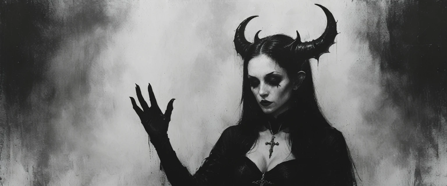 a (painting) of a holy succubus with symmetrical beautiful horns, in prayer with upraised hands, gloves, (close-up), vampire the masquerade bloodlines, incredible art, gloomy background, nimbus, church ragged vestments, darksketch, minimalism