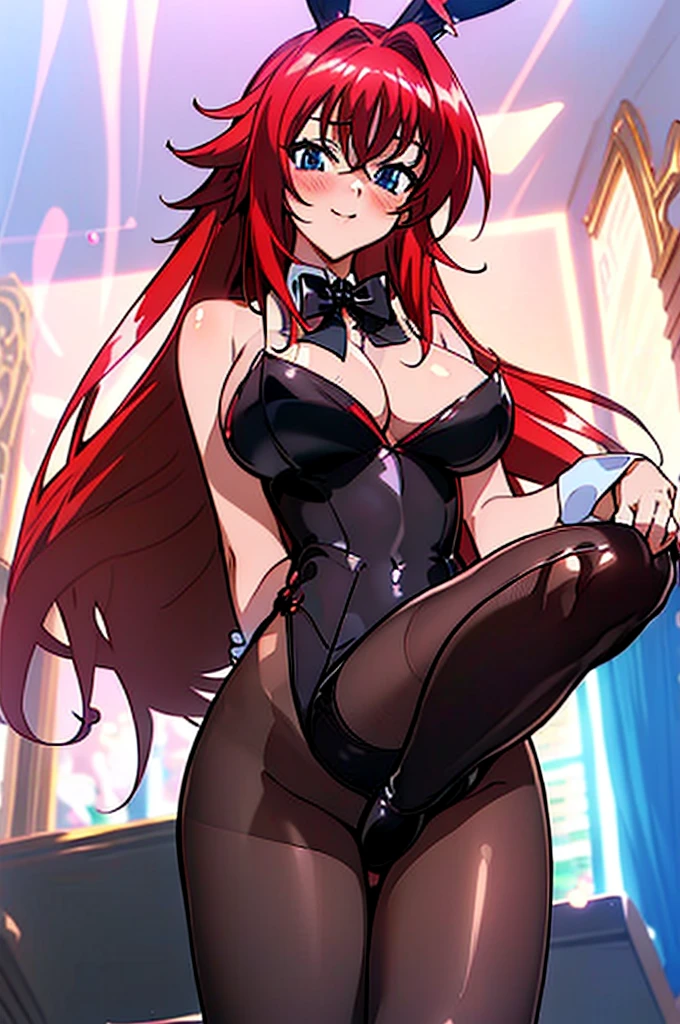 ((masterpiece, best quality)), ((16k)), ((hd, anime)), ((dynamic light)), ((delicate beautiful face)), (((delicate and beautiful))), cowboy shot, facing viewer, looking at viewer, standing, arms behind back, anime girl wearing playboy bunny, 1girl, light blush, seductive smile, collarbone, navel, cleavage, red hair, bare legs, large breast, rias gremory, dxd, big ass, ponytail, perfect body,large chest, perfect chest,large hips, perfect hips,(((fake anime ears, bunny ears, bunny outfit, black leotard, wrist cuffs, black pantyhose))), (black bowtie:1.5), black stiletto heels, indoors, (((luxurious bar scenery)))