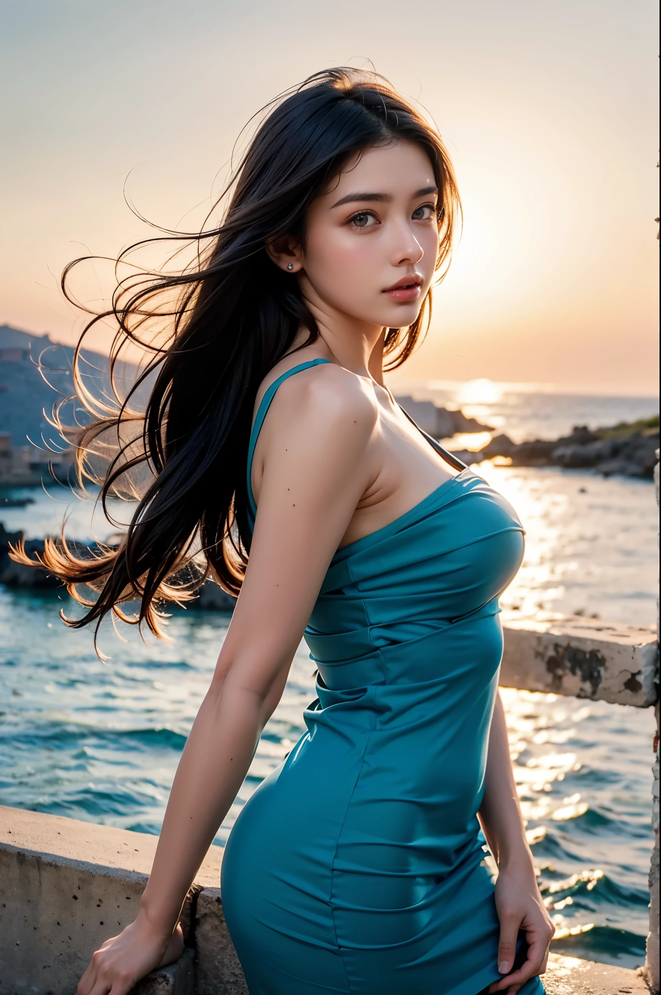 (Highest quality), (photoRealistic:1.4), ((Realistic image of a beautiful girl looking at the Aegean Sea at sunset)), She's wearing a Grecian-style maxi dress, Calm Aegean Sea shimmering at sunset, She has a look of serenity on her pretty face, at Santorini Island, She's watching a ocean at dusk from the Oia Castle, (Skin glowing bewitchingly in the setting sun), glistening skin, like a goddess, parted lips, Hair flapping in the wind, (Beautifully curved hourglass body shape), professional lighting and shading, POV, (extremely detailed eyes and face), eyes with beautiful details, (insanely detailed beautiful natural skin texture), Accurate eyes, Accurate hands, Well-balanced overall body, ultra high res, intricate composition, (an extremely delicate and beautiful)