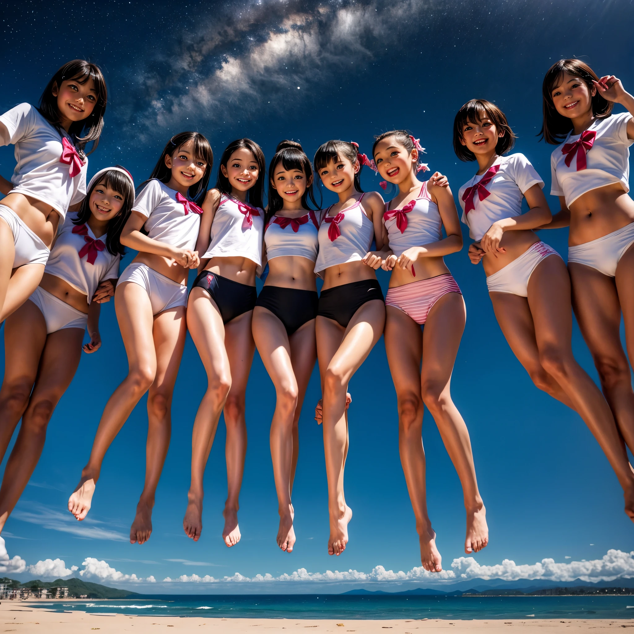 Masterpiece of ProfessionalPhoto ((ExtremelyDetailed (12 PICHIPICHI KAWAII Girls Floating in The Air in a row:1.37) in WHITE at Dusk Enoshima Beach)), {(Standing Full Body:1.2)|(from below:1.2)|Detailed KAWAII face}, Different types of hair colors, {(skinny(school swimwear))|(SchoolUniform)with Skinny AthleticShorts}, {(Corrected Childish hand)|Hidden hand|Different types of breasts|(Clearly Visible the shape of Butt)}, Joyful Expressions LifeLike Rendering, PerfectLighting, (Dazzling Horizon Visible through ThighGap), (Starry IridescentParticles:1.22) ColorfulClouds