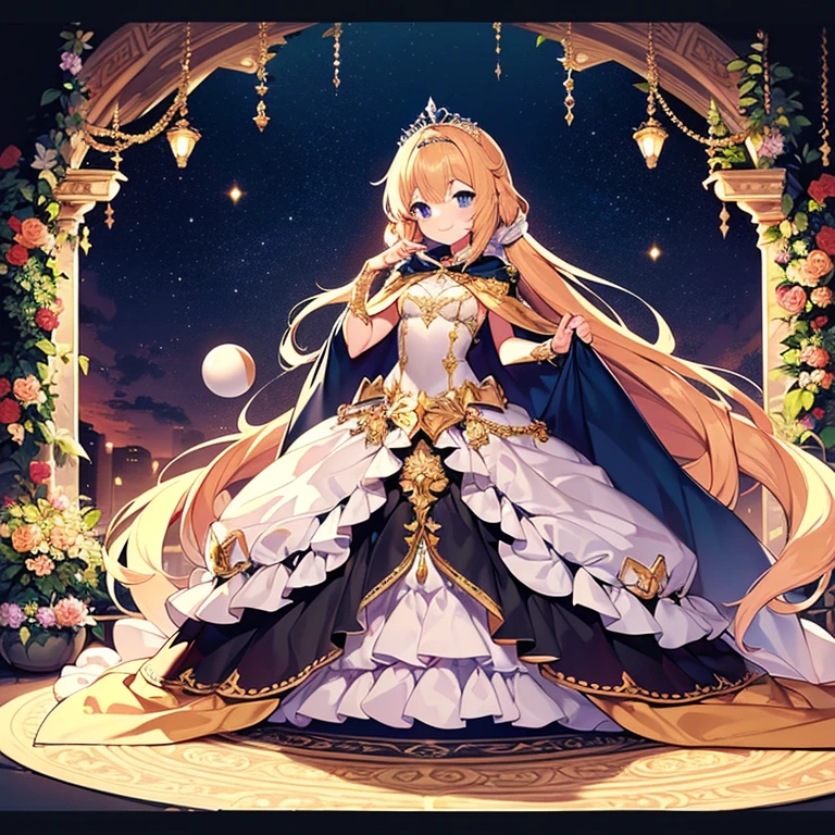 best quality,(long train cape:1.15),(long train ball gown with floral decoration:1.15), a girl is wearing a cape over her dress, anime style, rococo style, little princess, tiara, kind smile, very long hair, small breast, perfect fingers, masterpiece