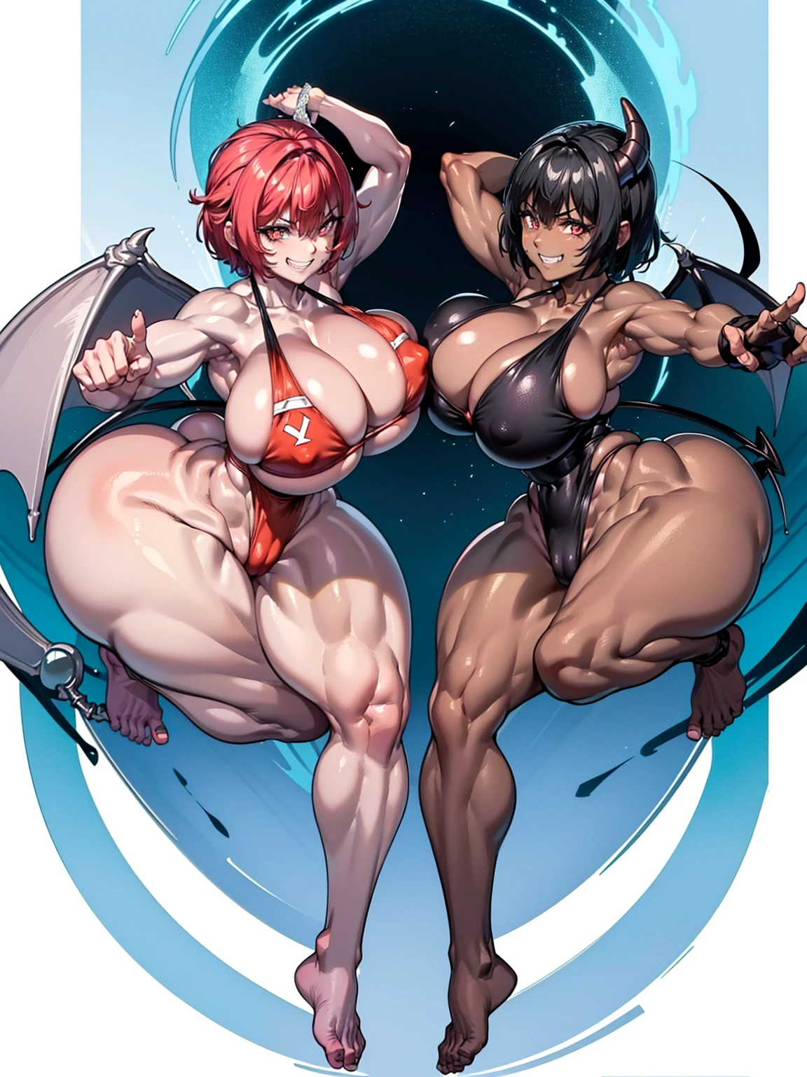 Serious face、(Grin:1.6)、(In 4K)、(High resolution:1.2)、(High freshness)、、(Whole Body Ezbian:1.2)、((short hair:1.2))、(Huge, perky, fake breasts:1.4)、Deep valley、(Two brave women with big fighting the devil:1.6))、Skin Dance、 (Firm chest:1.6)、(Orange eyes)、((tight competition swimwear:1.6))、(Perfect body:1.8)、Wide Hips, Thick thighs, Huge Ass、Skin dents、(barefoot:1.2)、(Great abs:1.4)、(Narrow waist:1.4)、(White Background)、(Black skin:1.4)、(Dynamic pose:1.4)